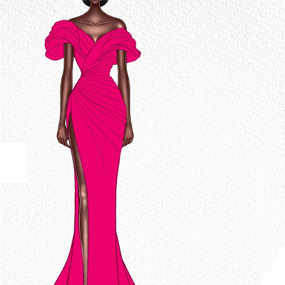 Pink Ruffled Off-Shoulder Gown with Slit